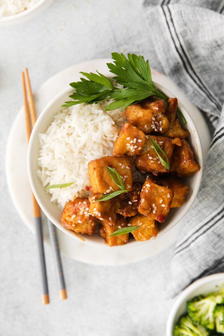 Air Fryer Spicy Tofu served with rice in a small bowl