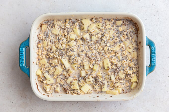 apple oatmeal in a baking dish before it's been baked