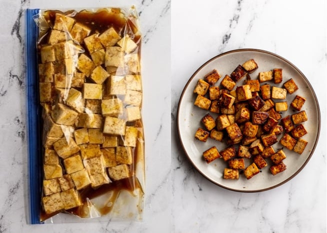 collage image: left image is tofu and Balsamic marinade in a gallon size baggie. Right image: the cooked Balsamic tofu on a plate