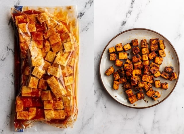 collage image: left image is tofu and bbq marinade in a gallon size baggie. Right image: the cooked bbq tofu on a plate