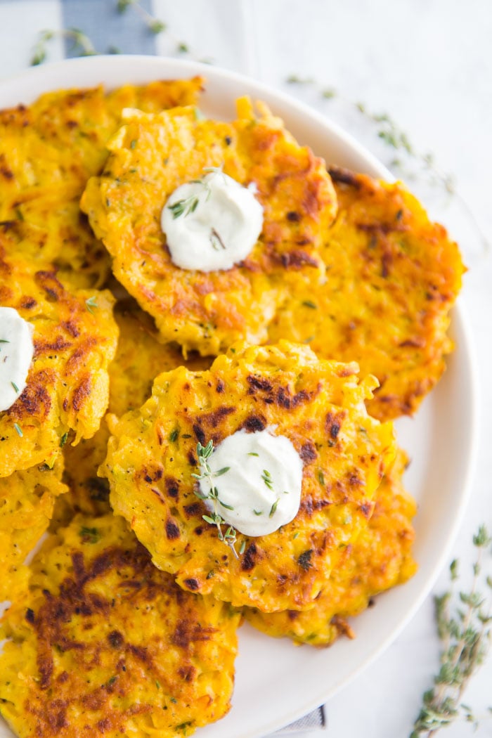 Butternut Squash Fritters- these VEGAN fritters are easy to make (just one bowl!) and are perfect as a side dish or even a main meal!