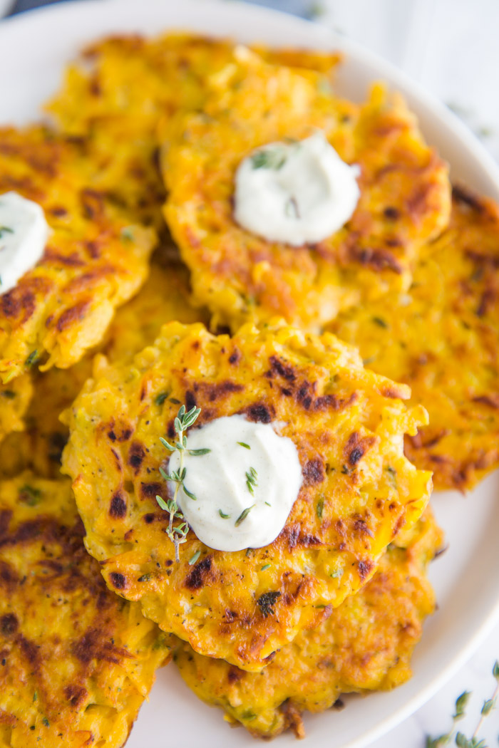 Butternut Squash Fritters- these VEGAN fritters are easy to make (just one bowl!) and are perfect as a side dish or even a main meal!