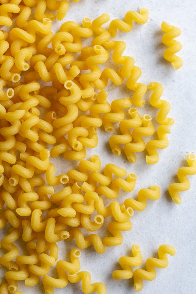 uncooked corkscrew pasta noodles