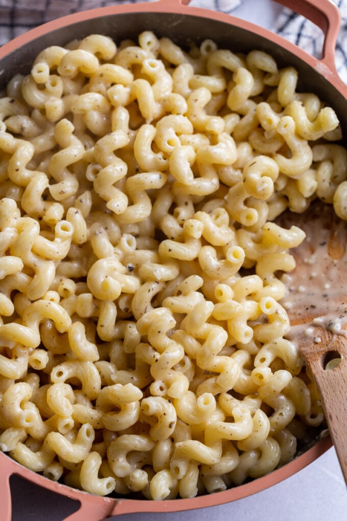 creamy cavatappi pasta in a large skillet