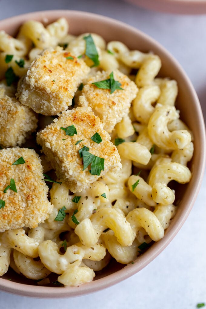 Cavatappi Pasta topped with croutons