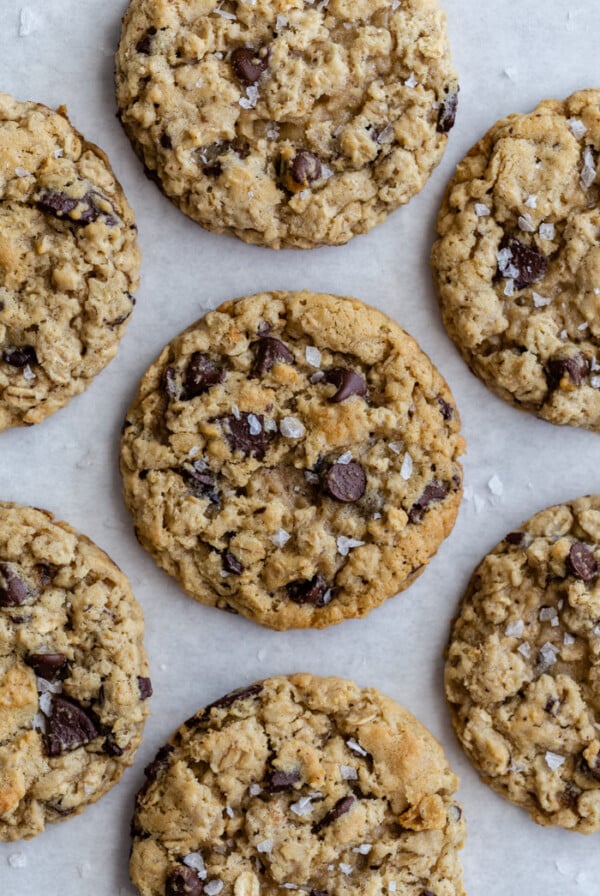 chocolate chip oatmeal cookies on a baking tray