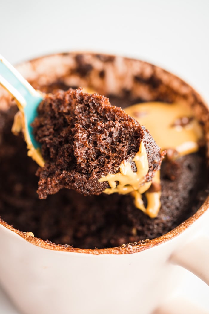 spoonful of chocolate cake from a mug