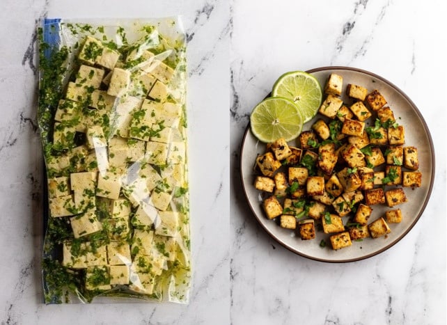 collage image: left image is tofu and cilantro lime marinade in a gallon size baggie. Right image: the cooked cilantro lime tofu on a plate