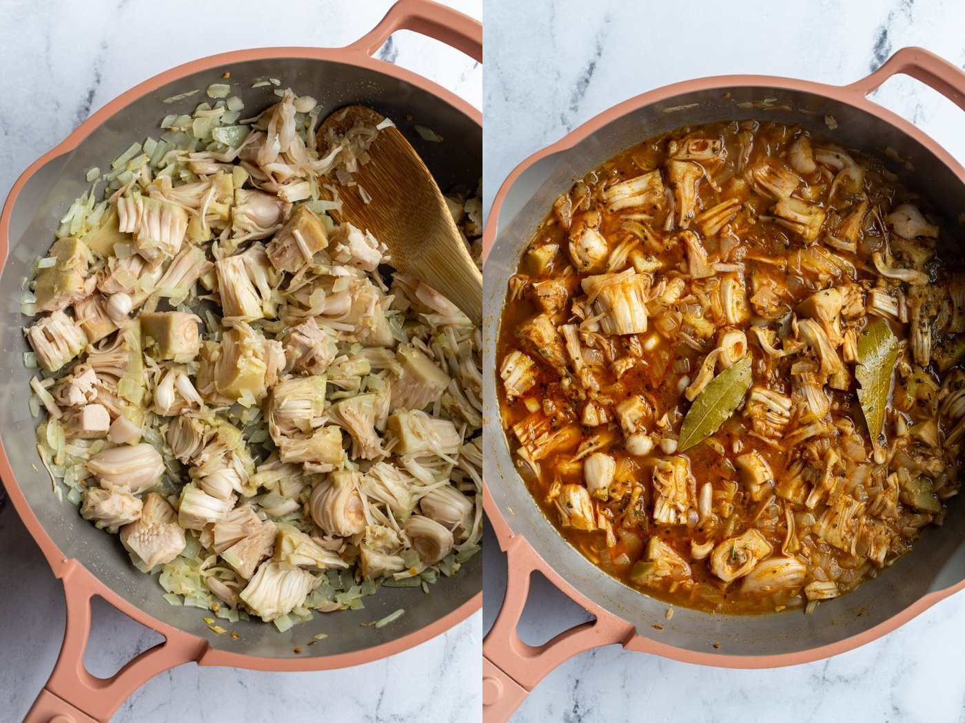 side by side images: left image is jackfruit in a pink skillet with onion. right image is broth and spices added to the skillet with the jackfruit