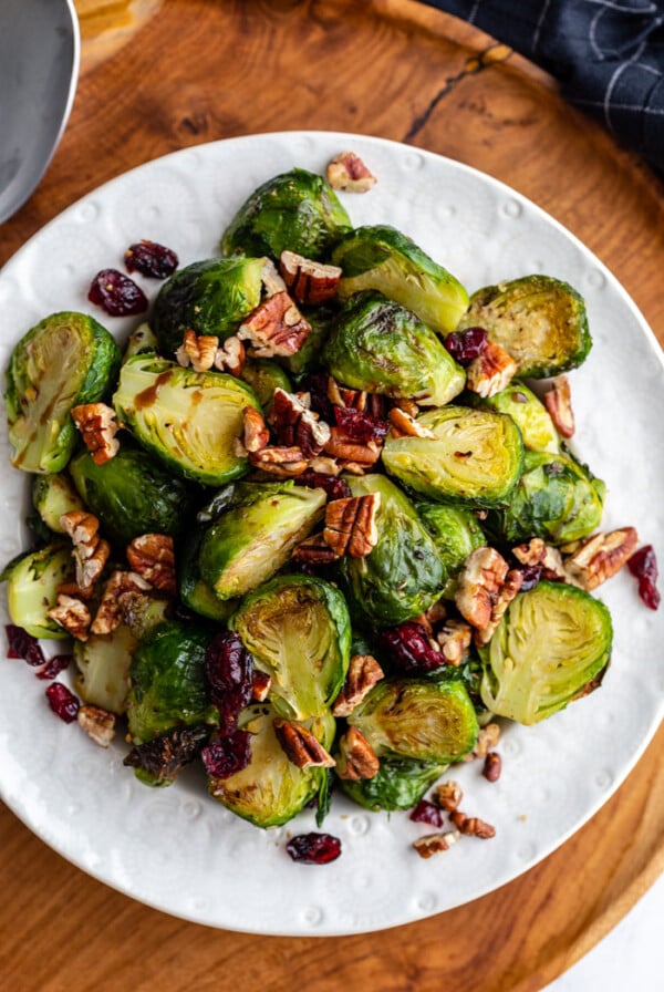 Cranberry Brussels Sprouts on a white plate