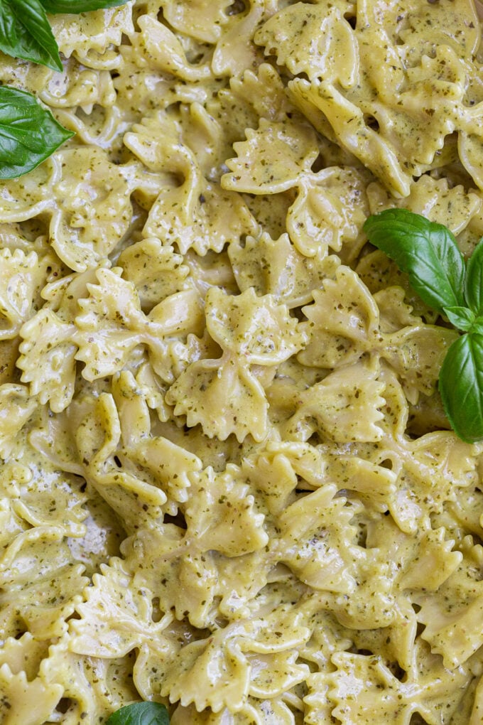 Bowtie pasta covered in a pesto cream sauce.