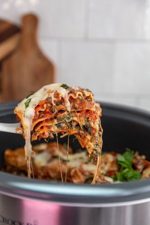 serving lasagna out of a crockpot