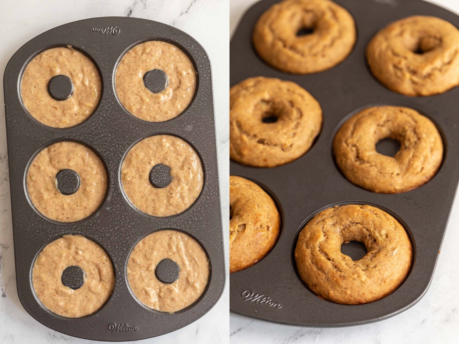 collage image with 2 pictures. Left: donut batter in a 6 cavity donut pan. Right image: the same donuts from a side angle after they have been baked