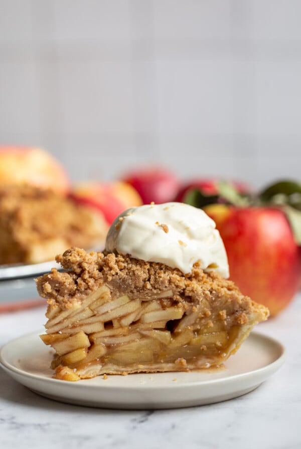 slice of dutch apple pie topped with a scoop of vanilla ice cream