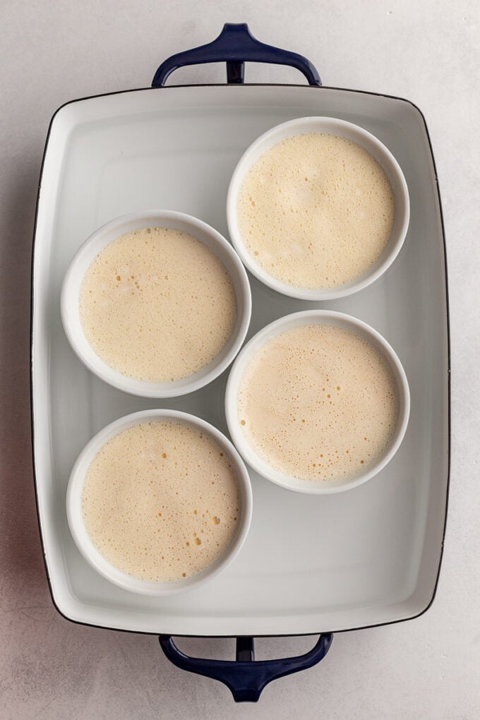 Crème Brûlée mixture in small bowls before baking.