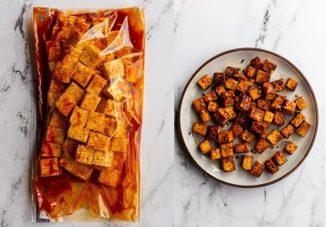 collage image: left image is tofu and Fajita marinade in a gallon size baggie. Right image: the cooked Fajita tofu on a plate