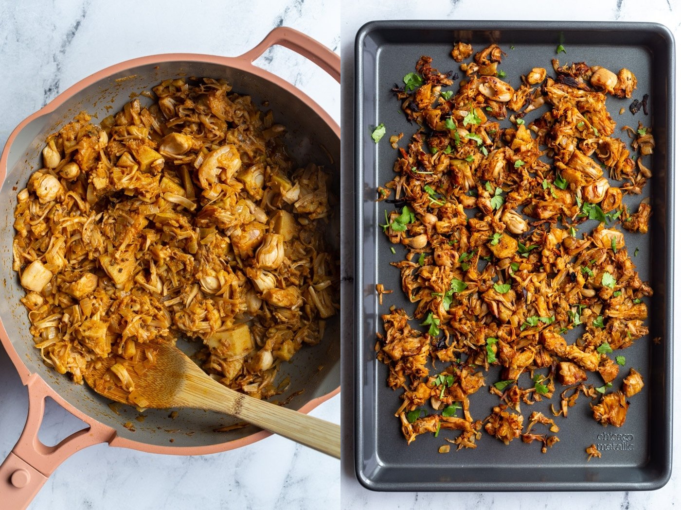 side by side images: left is a pink skillet with jackfruit and spices in it. Right image is shredded jackfruit carnitas on a small baking tray