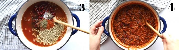 stirring chili in a pot with a wooden spoon