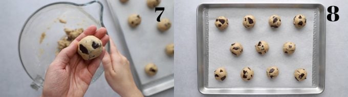 side by side images. Left image: a ball of cookie dough being held in a hand. right image: many balls of chocolate chip cookie dough placed on a baking tray