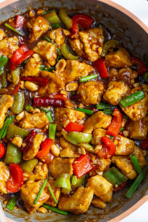 Kung Pao Tofu cooked in a large skillet