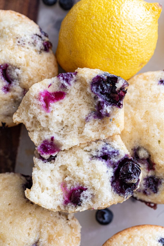 Blueberry muffin cut in half.