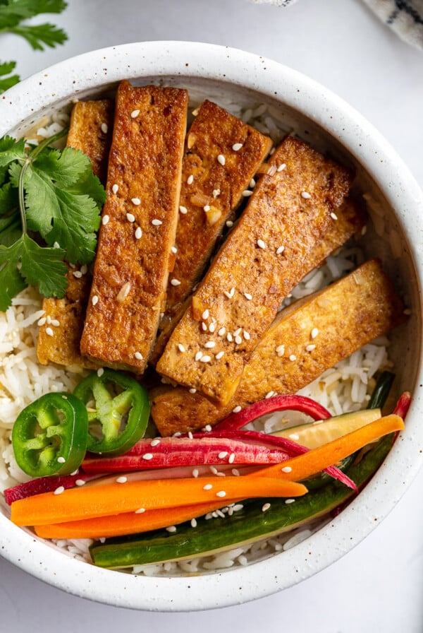 Lemongrass tofu served over rice.