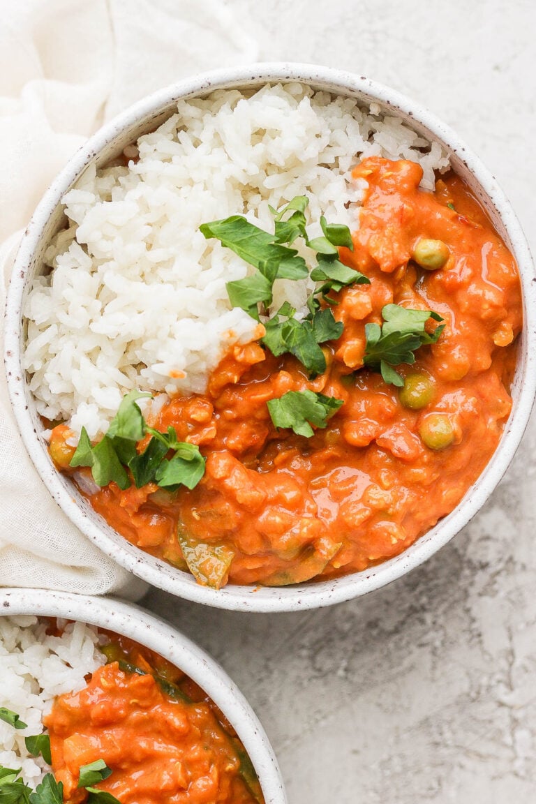 Lentil curry served over coconut rice.