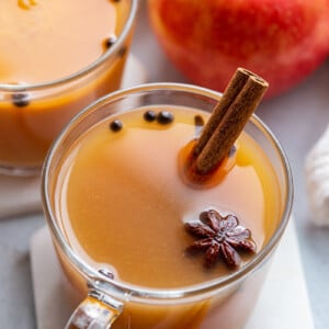 Mulled cider served with a cinnamon stick.