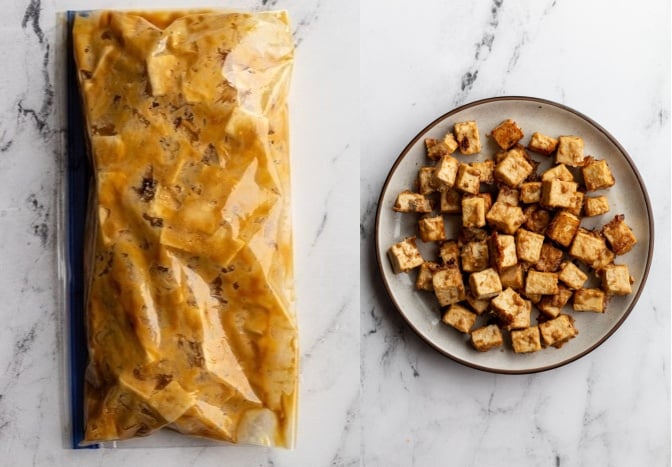 collage image: left image is tofu and Peanut marinade in a gallon size baggie. Right image: the cooked Peanut tofu on a plate