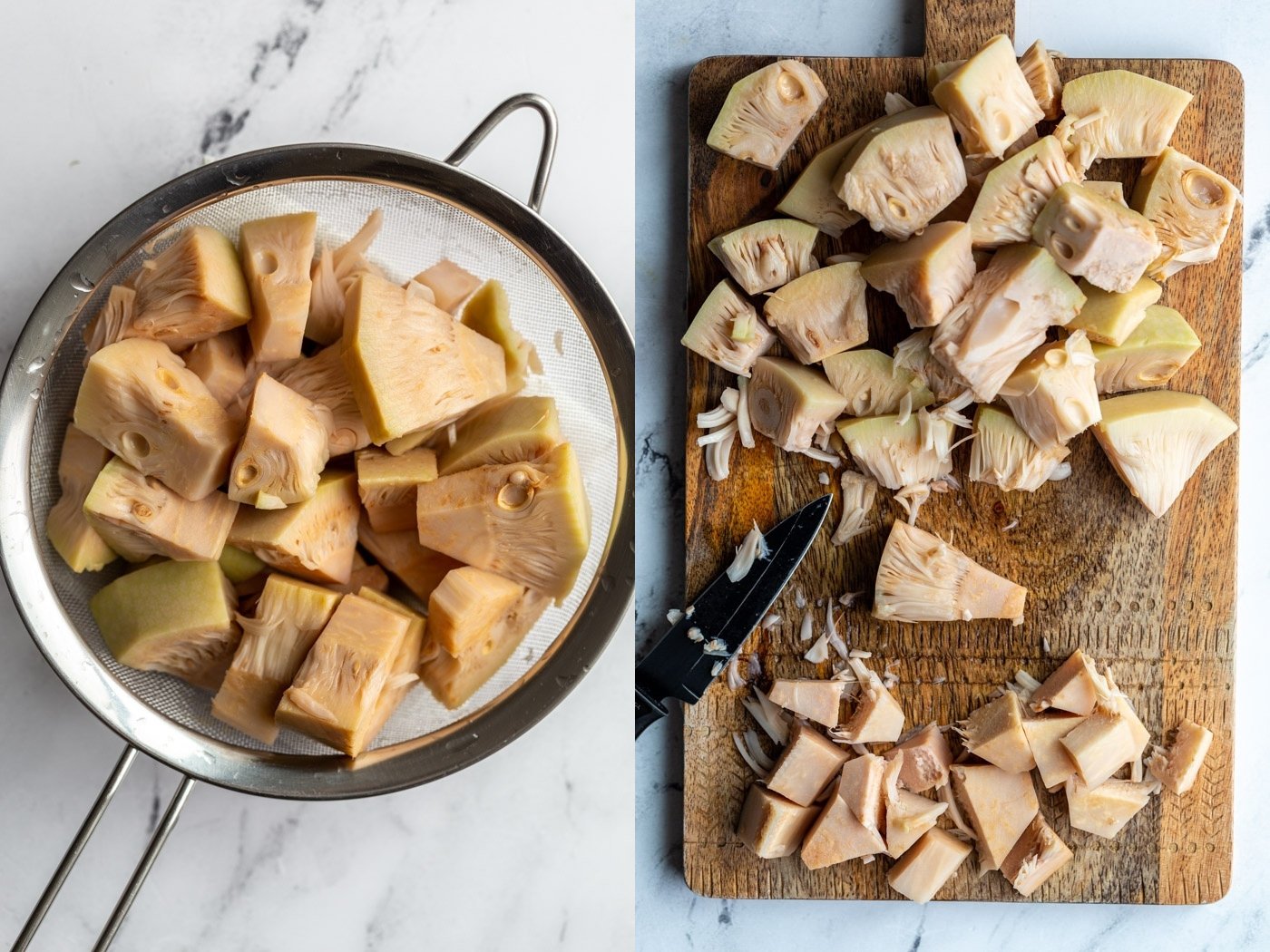 side by side images: left image is jackfruit pieces in a mesh sieve. right image is the same jackfruit pices on a cutting board