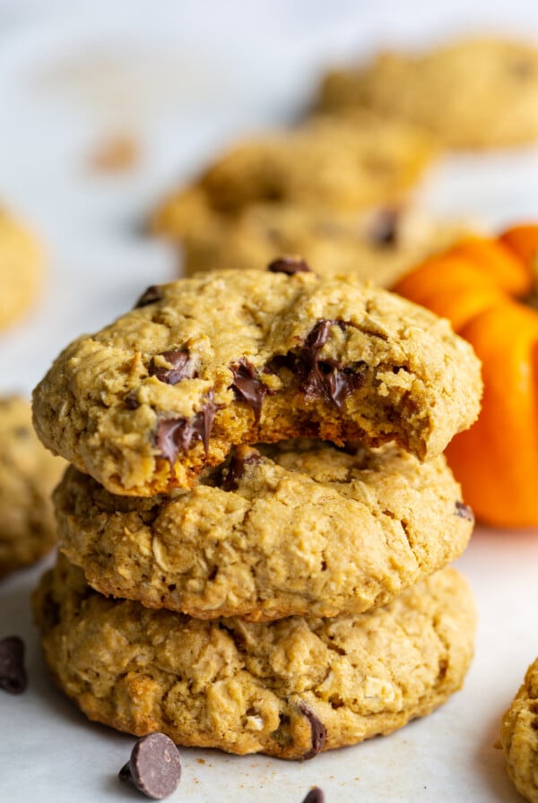 three stacked pumpkin oatmeal cookies