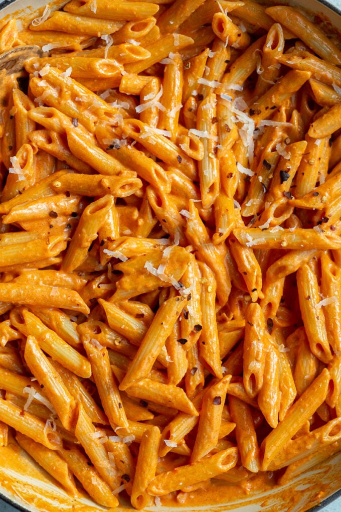 Penne pasta in a creamy tomato sauce.