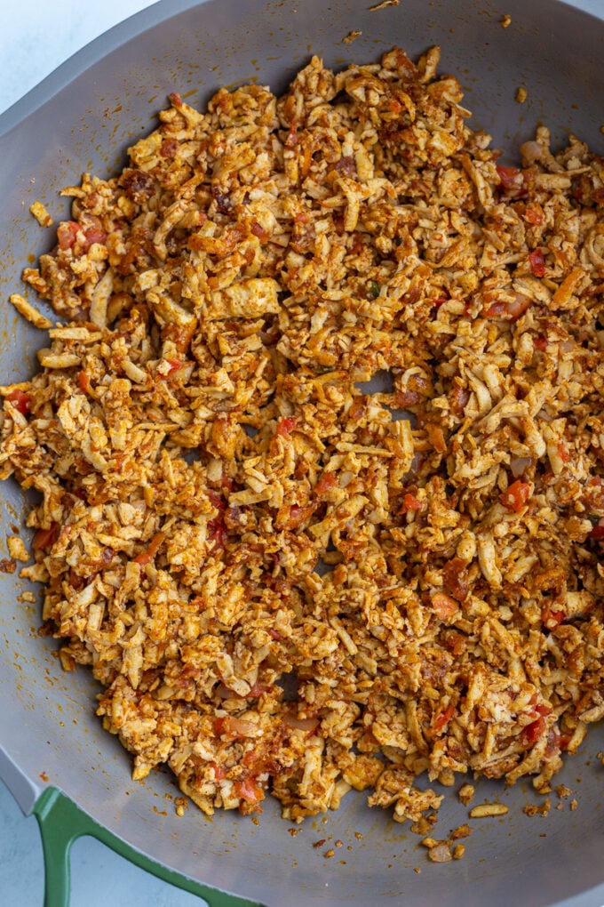 shredded tofu taco "meat" in a skillet