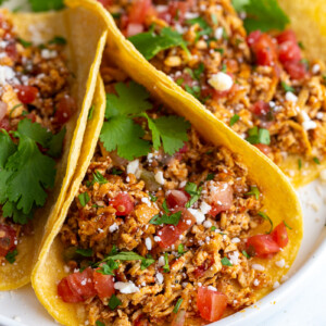 shredded tofu tacos made with corn tortillas and topped with cotija cheese, chopped cilantro, and diced tomatoes