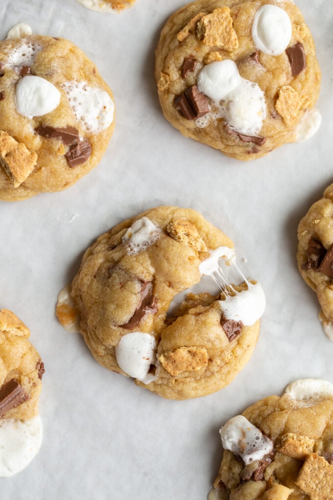 s'mores cookies on a baking tray. One of the cookies is puled apart so you can see the gooyness of he marshmallow on the cookies