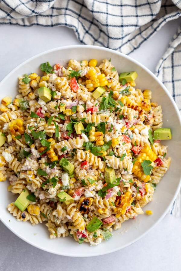 big bowl of street corn pasta salad made with rotini and lots of fresh veggies