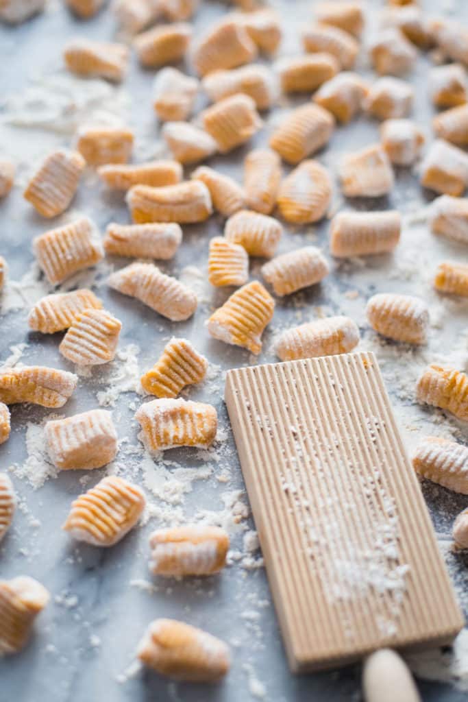 sweet potato gnocchi on a marble board