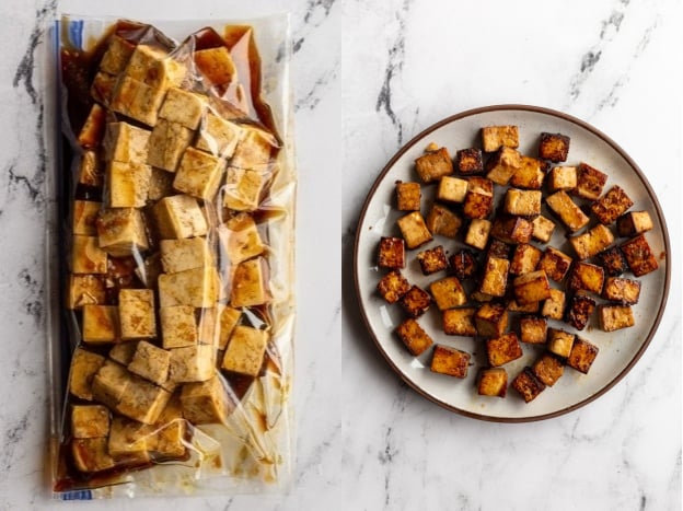 collage image: left image is tofu and Teriyaki marinade in a gallon size baggie. Right image: the cooked Teriyaki tofu on a plate