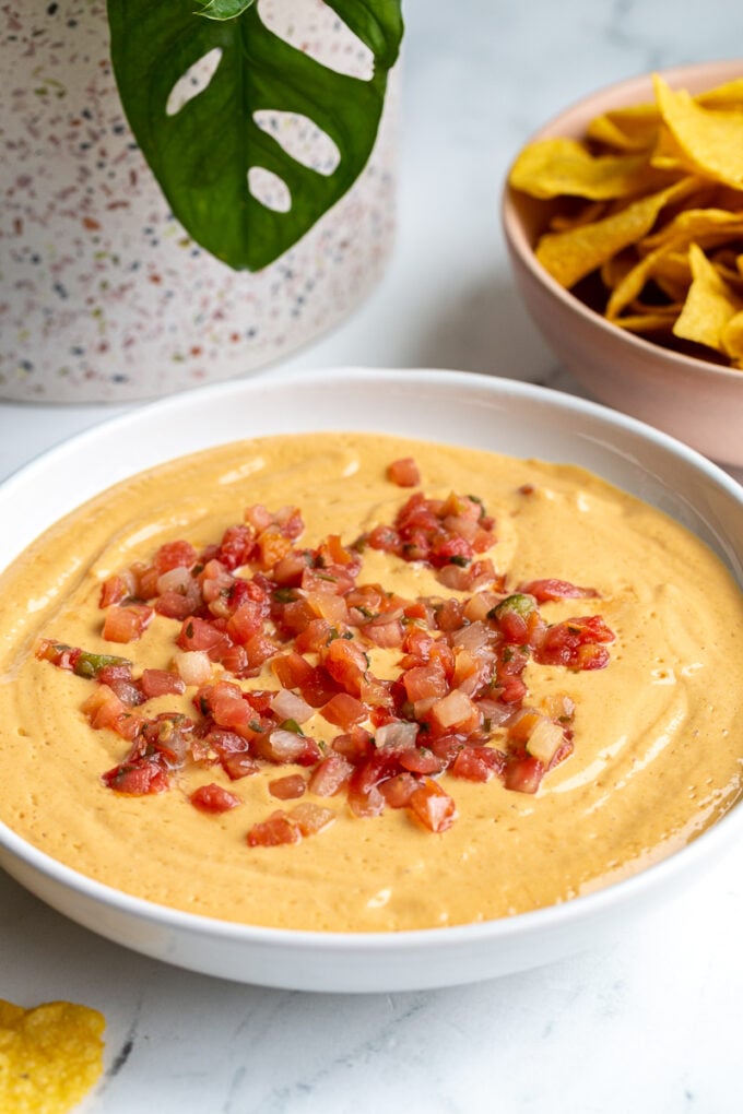 tofu queso cheese dip in a large bowl topped with pico de gallo. there's chips and a plant in the background