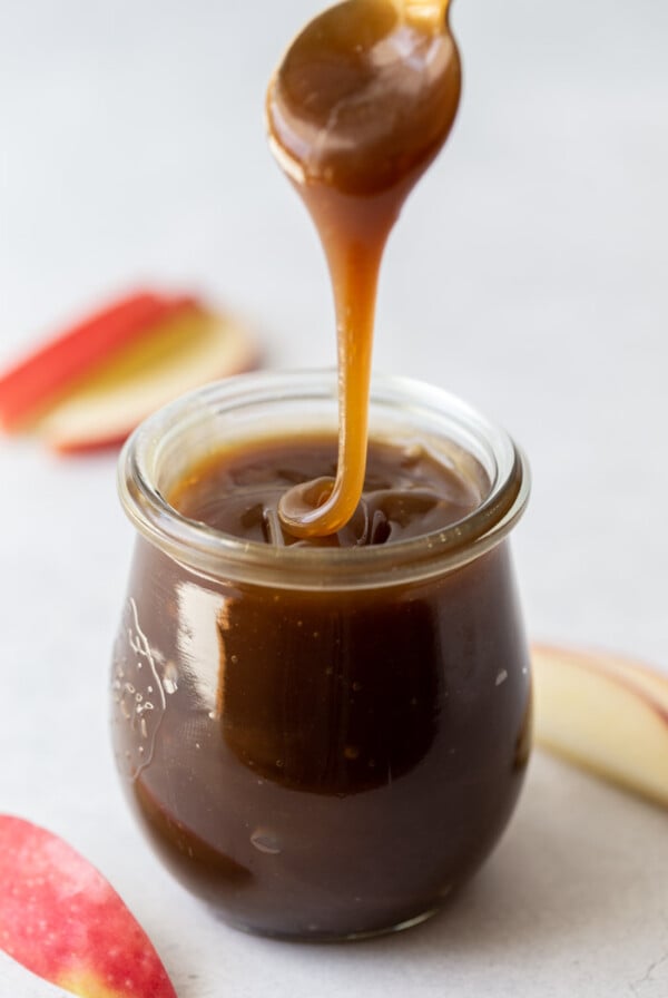 vegan caramel in a small glass jar