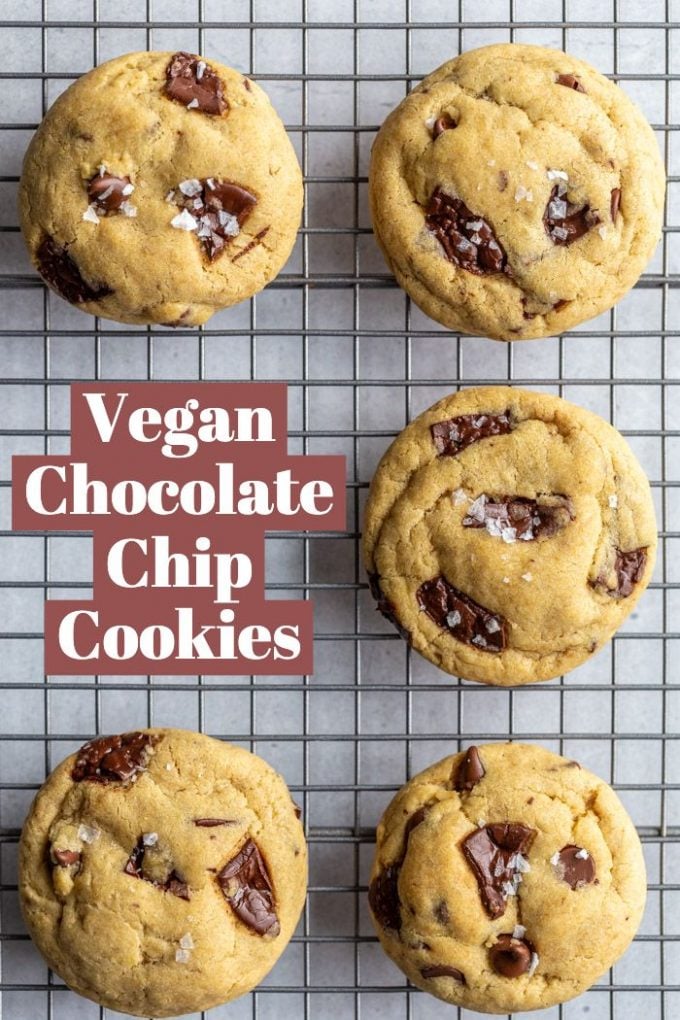 chocolate chip cookies on a cooling rack with the text reading "vegan chocolate chip cookies"