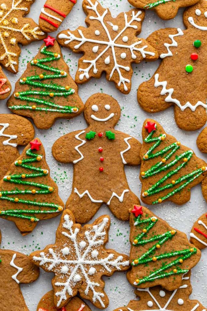 Christmas cookies decorated with icing and sprinkles