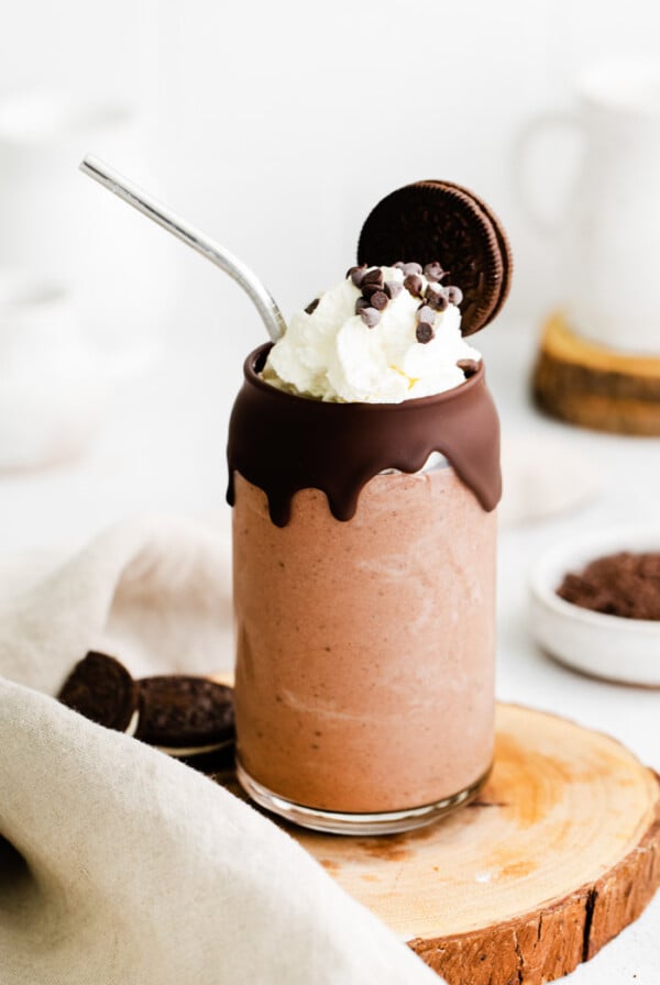 vegan milkshake with whipped topping and chocolate chips