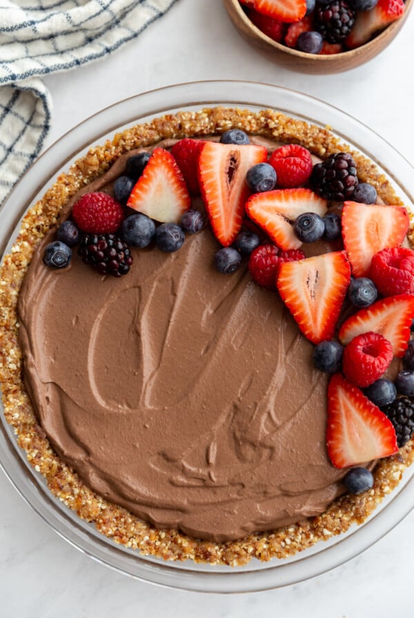 no bake chocolate pie topped with fresh mixed berries