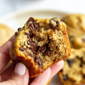 hand holding up a chocolate chip muffin