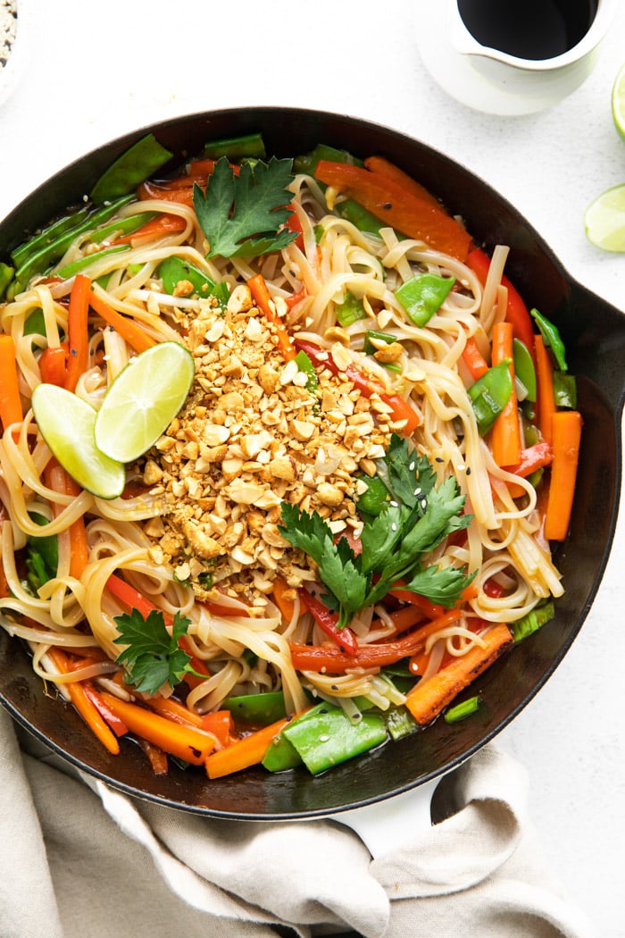 vegan Pad Thai dish in a large skillet