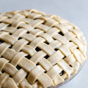 side shot of a lattice pie unbaked