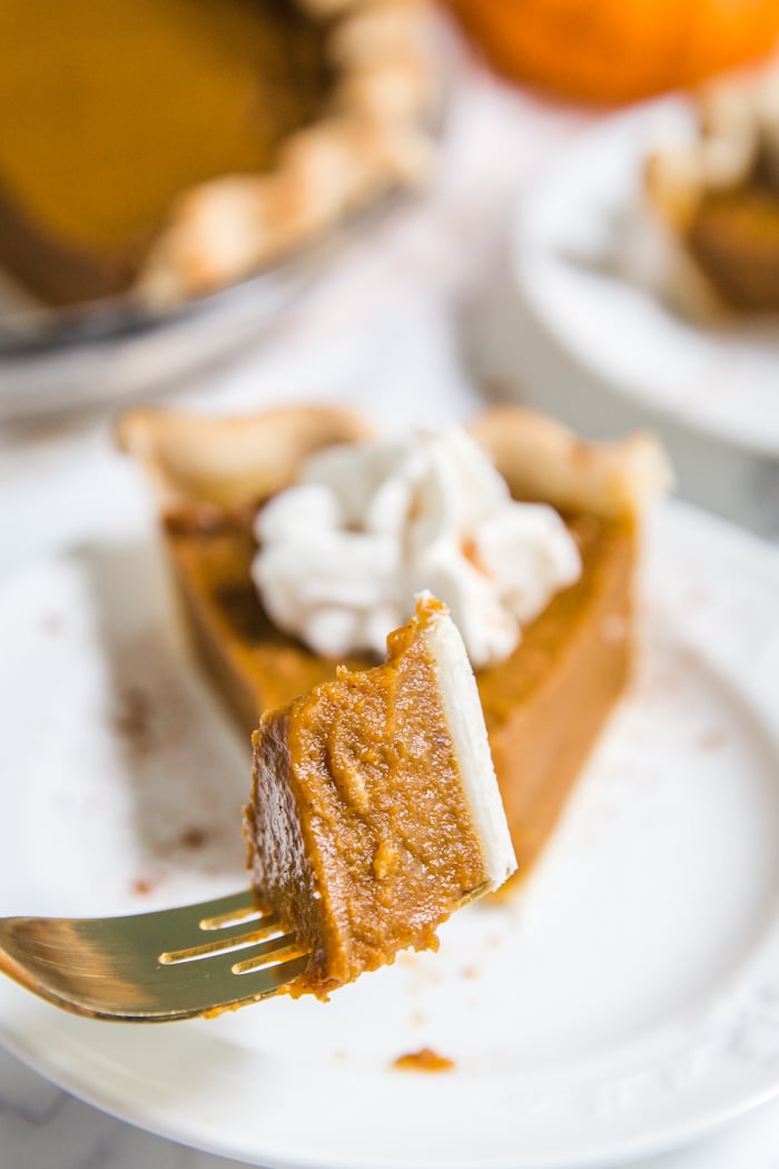 forkful of vegan pumpkin pie with the rest of the pie slice in the background with whipped cream on top