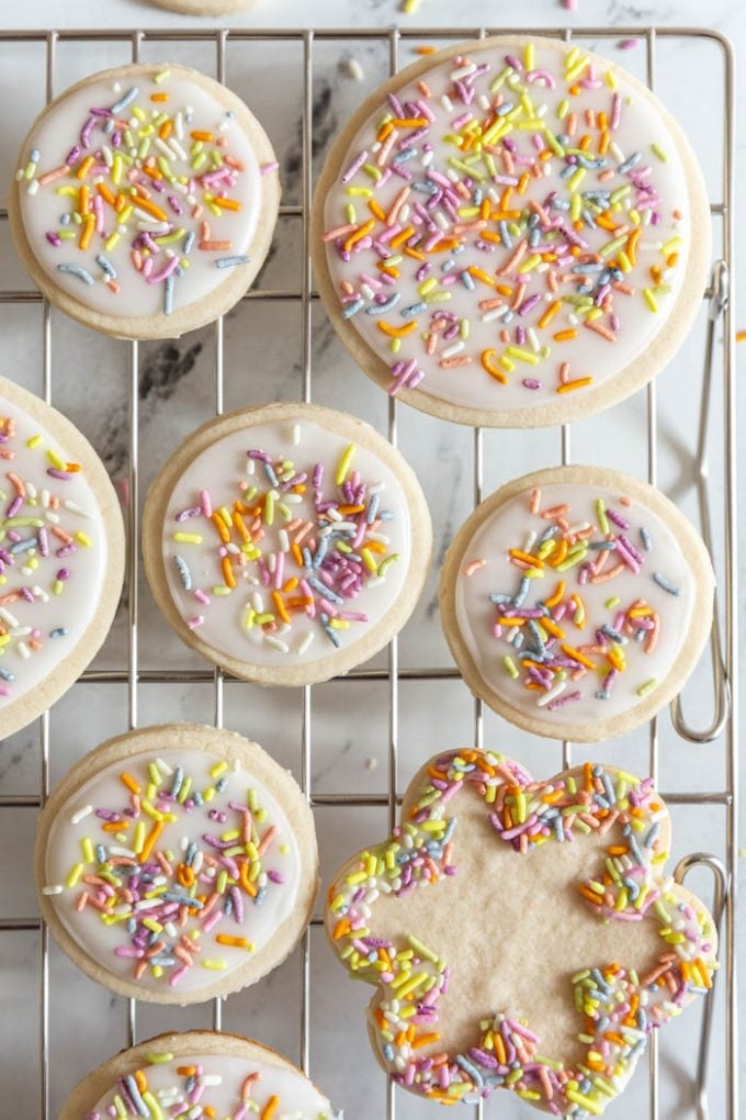 iced sugar cookies on a wire cooling rack