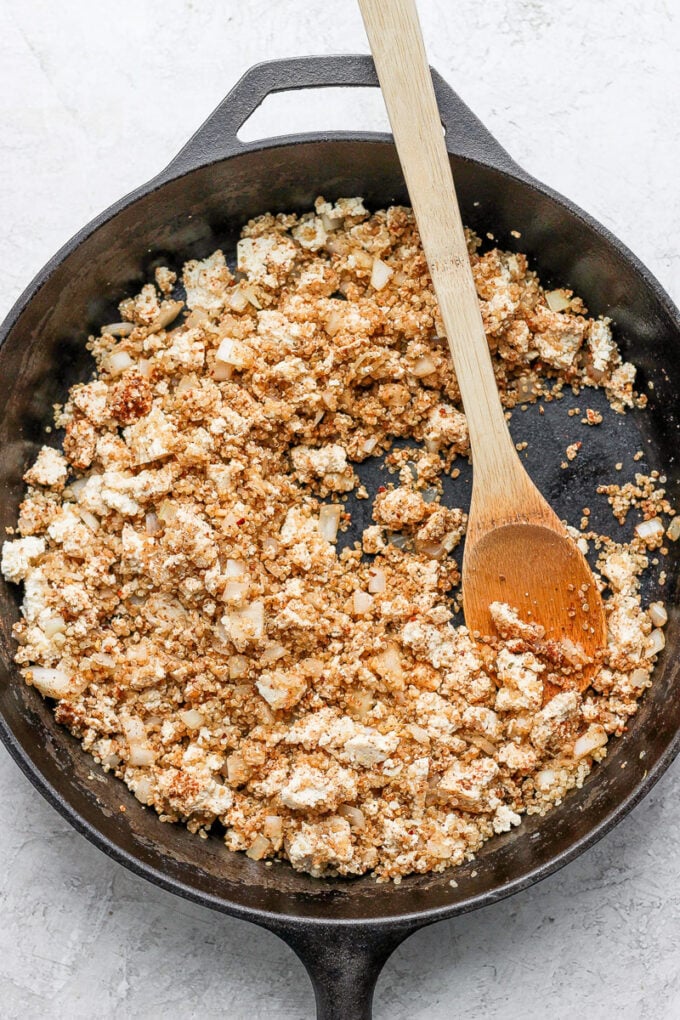 skillet with tofu and quinoa taco "meat" in it